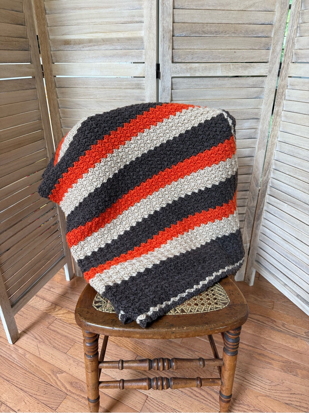 Vintage Handmade Striped Crochet Throw Blanket - Brown, Tan & Orange 60” x 48”